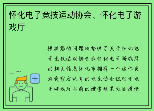 怀化电子竞技运动协会、怀化电子游戏厅